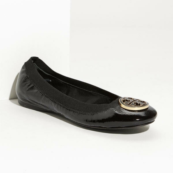 EUC TORY BURCH Caroline‎ Elastic Trim Ballerina Flat [SZ 7.5 ] Black Gold - Picture 1 of 8